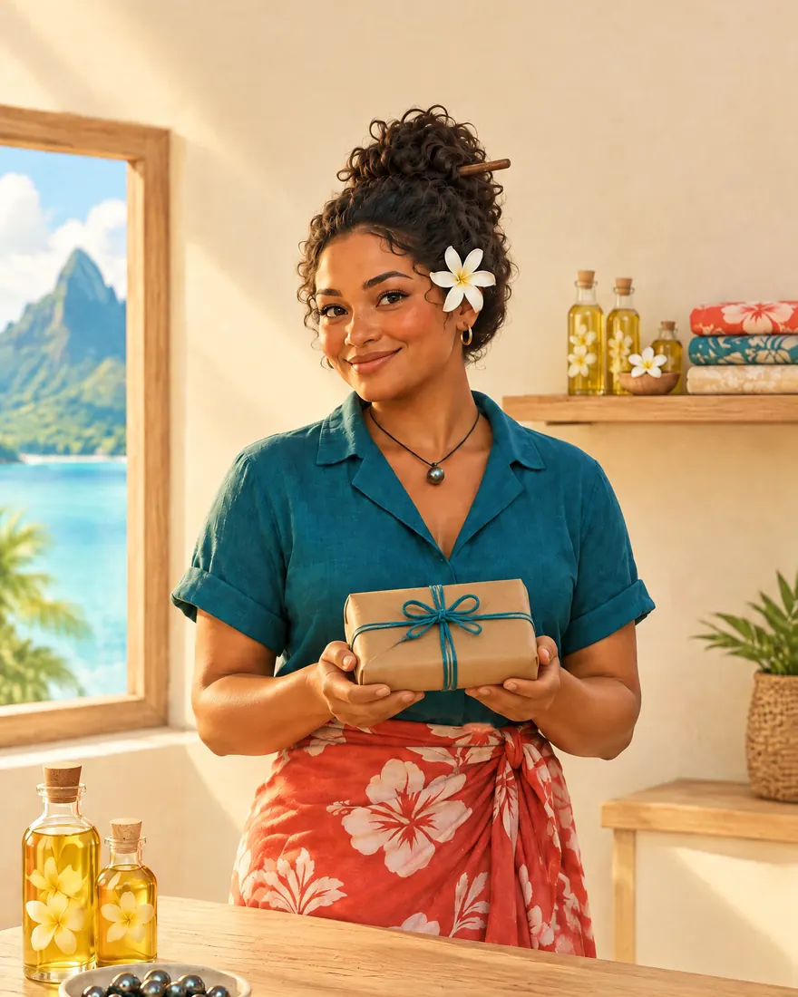 Une créatrice dans son atelier à Moorea tient un paquet cadeau, paréos et monoï sur l'étagère.