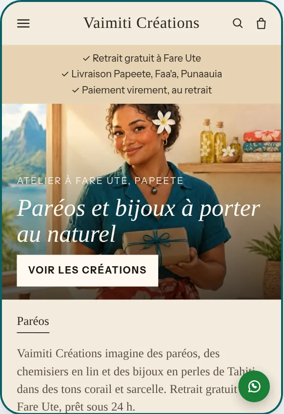 Boutique de Vaimiti Créations, style éditorial.