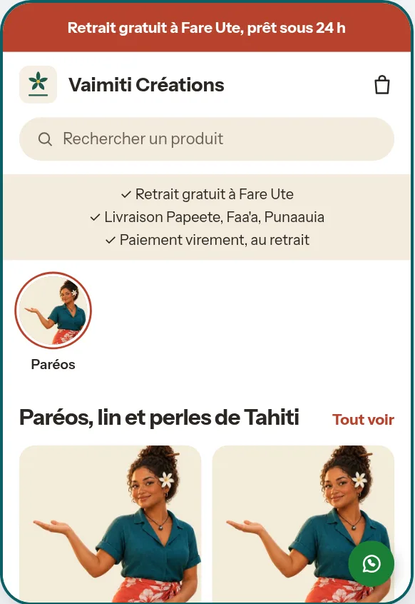 La même boutique, style catalogue avec bandeau de retrait.